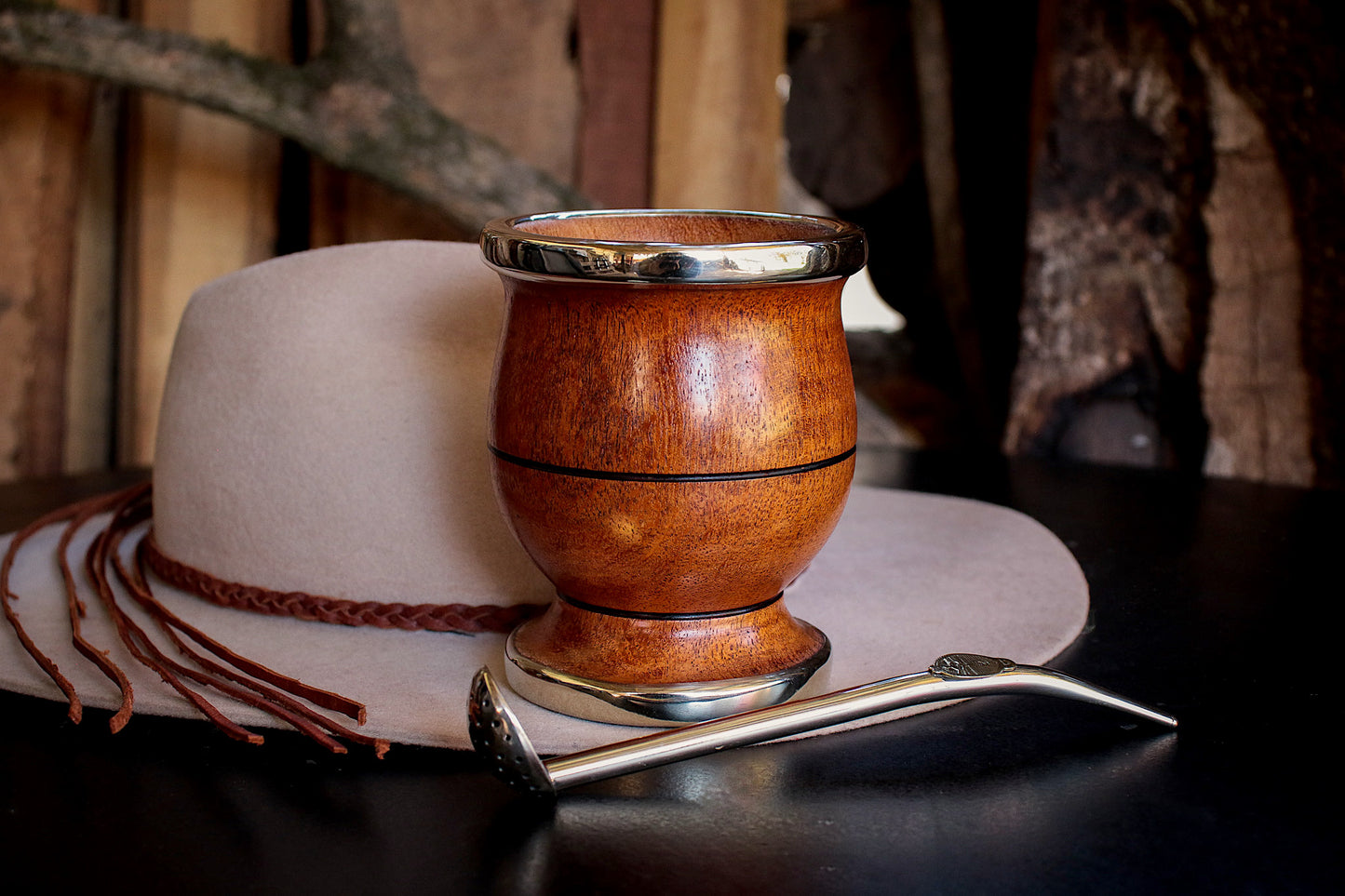 Carob and Nickel Silver Mate with metal straw