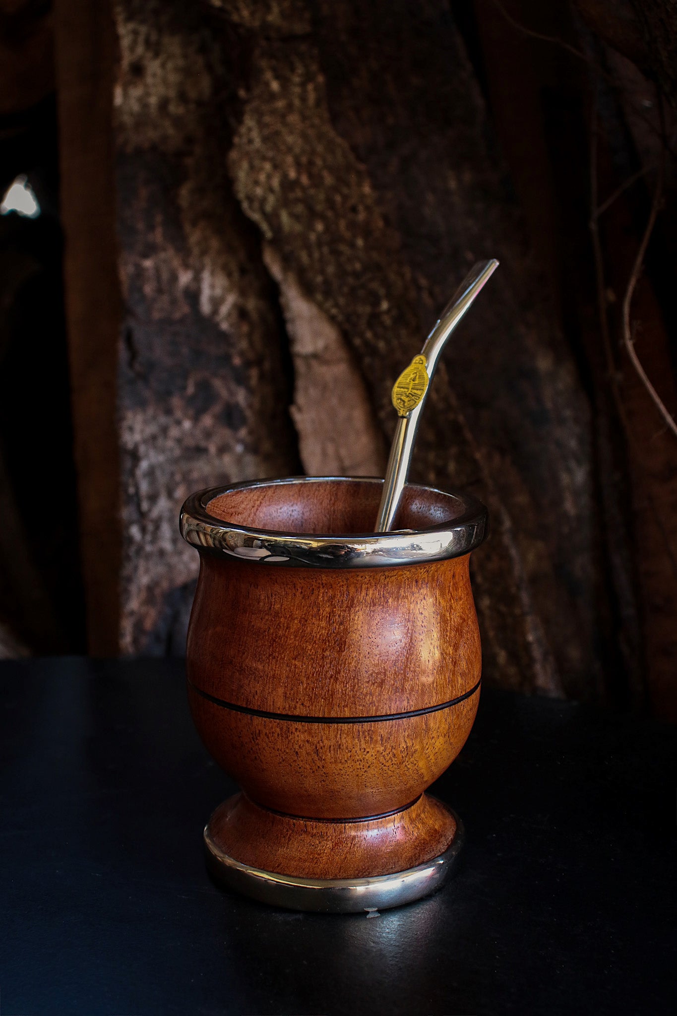 Carob and Nickel Silver Mate with metal straw