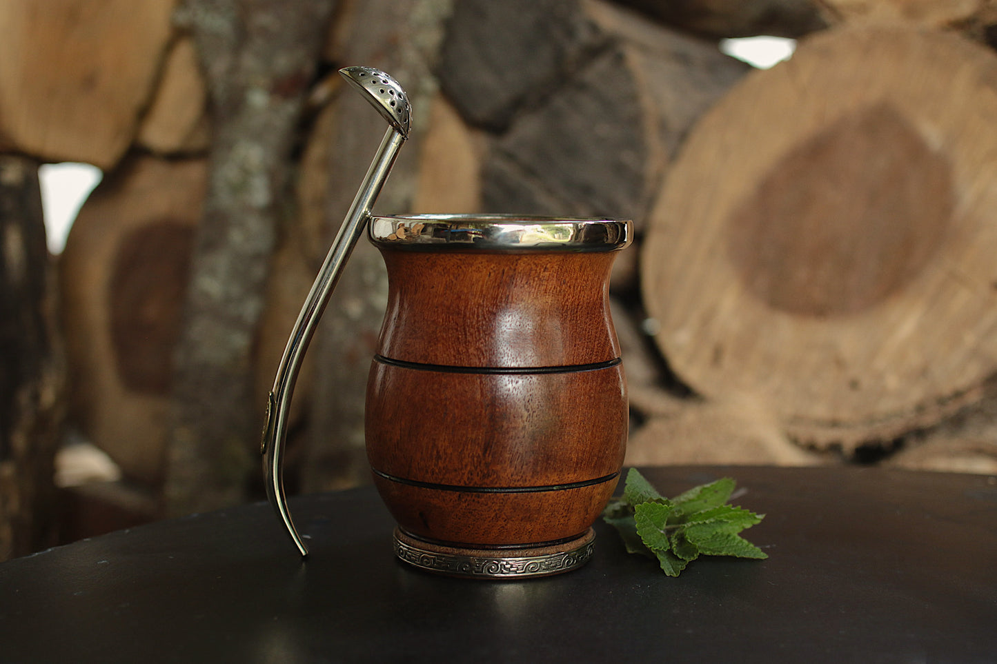 Carob and Nickel Silver Mate with metal straw