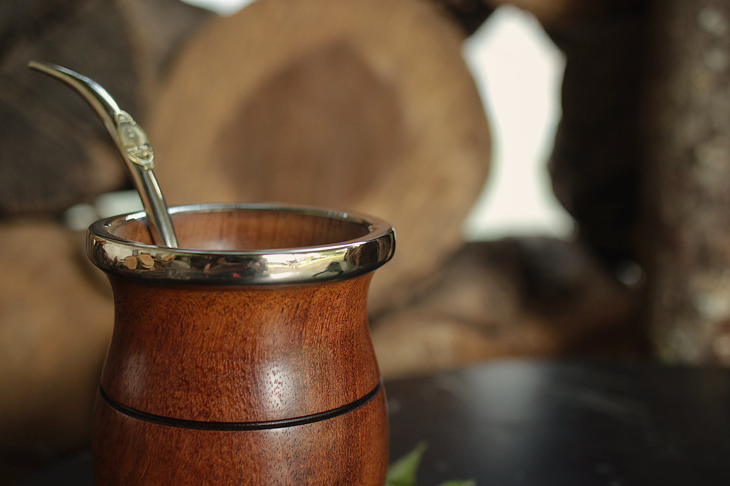 Carob and Nickel Silver Mate with metal straw