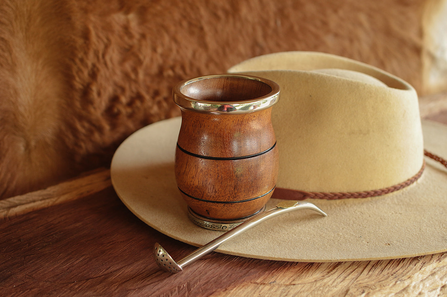 Carob and Nickel Silver Mate with metal straw