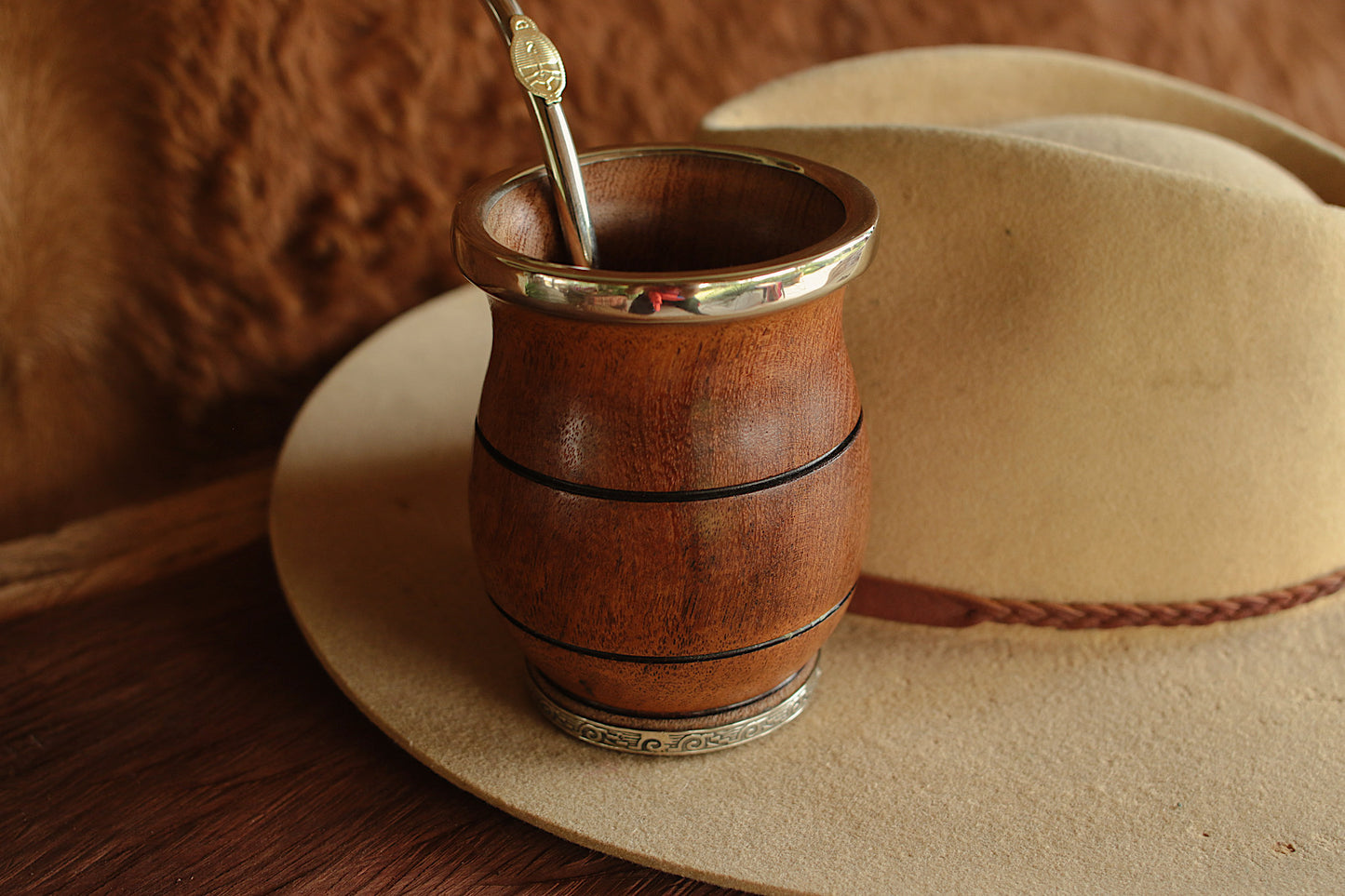 Carob and Nickel Silver Mate with metal straw